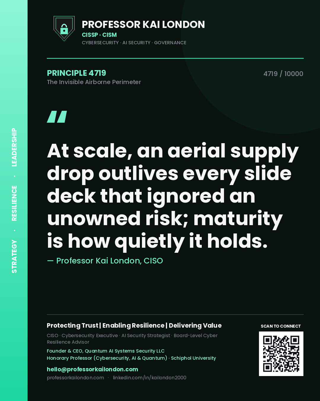 Quote card by Professor Kai London reading 'At scale, an aerial supply drop outlives every slide deck that ignored an unowned risk; maturity is how quietly it holds.'. From the book The Invisible Airborne Perimeter.