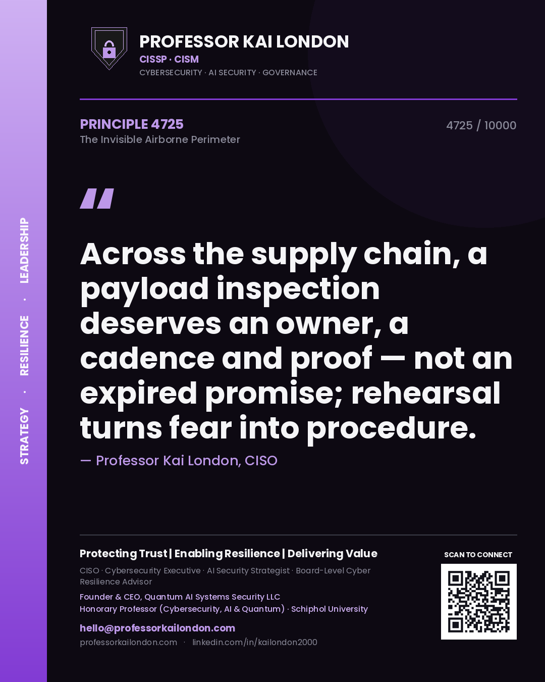 Professor Kai London principle 4725: Across the supply chain, a payload inspection deserves an owner, a cadence and proof — not an expired promise; rehearsal turns fear into procedure.