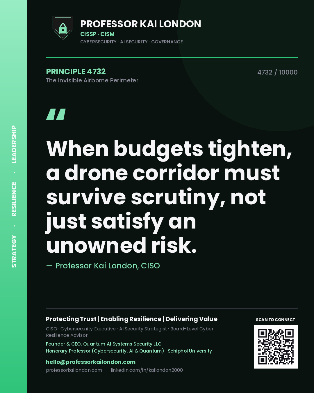 Professor Kai London principle 4732: When budgets tighten, a drone corridor must survive scrutiny, not just satisfy an unowned risk.