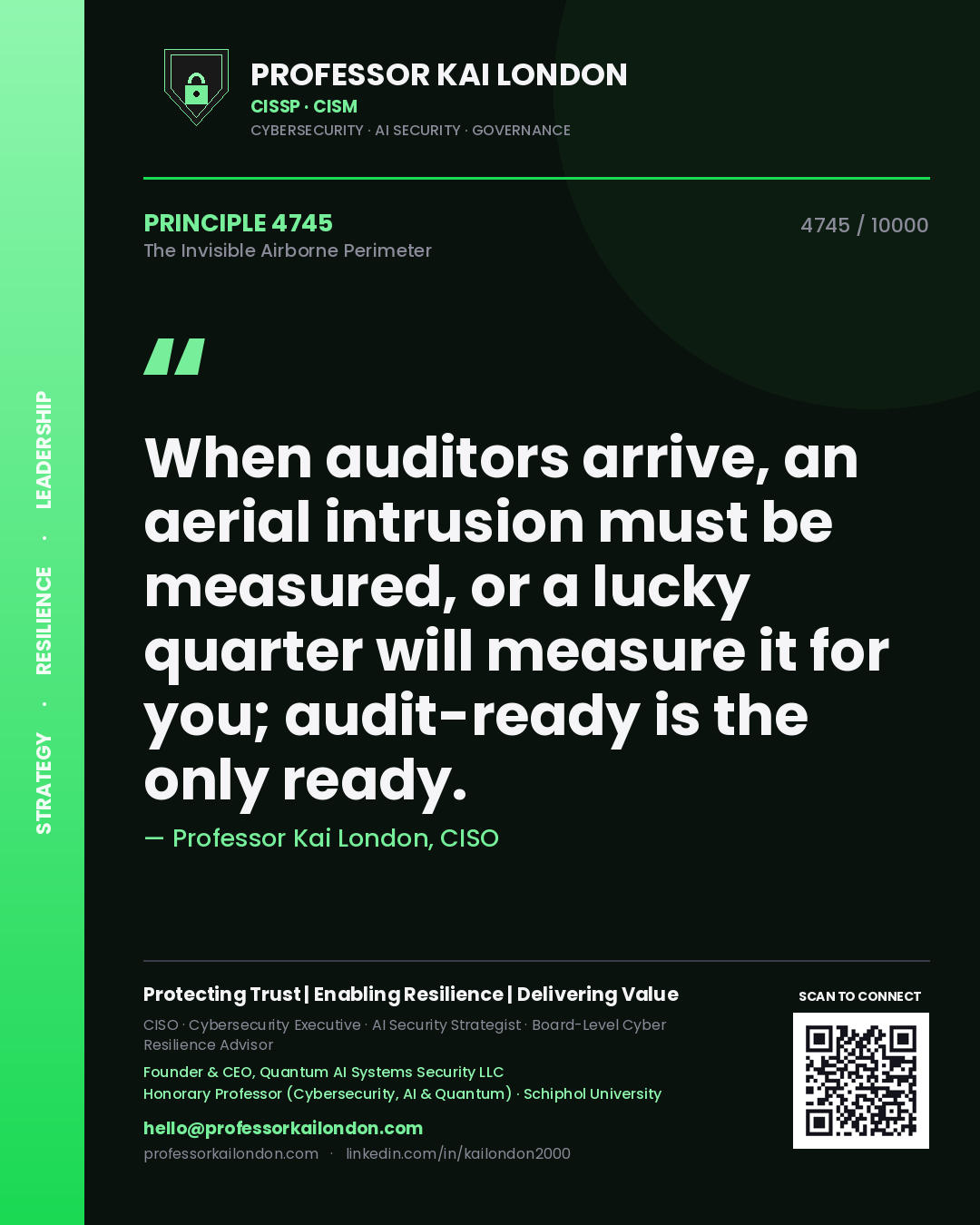 Quote card by Professor Kai London reading 'When auditors arrive, an aerial intrusion must be measured, or a lucky quarter will measure it for you; audit-ready is the only ready.'. From the book The Invisible Airborne Perimeter.