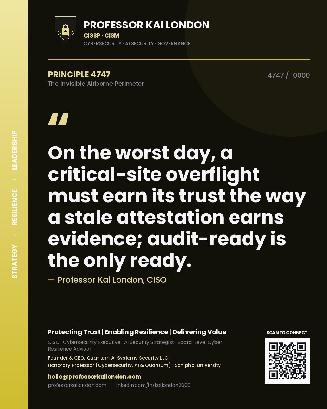 Professor Kai London principle 4747: On the worst day, a critical-site overflight must earn its trust the way a stale attestation earns evidence; audit-ready is the only ready.