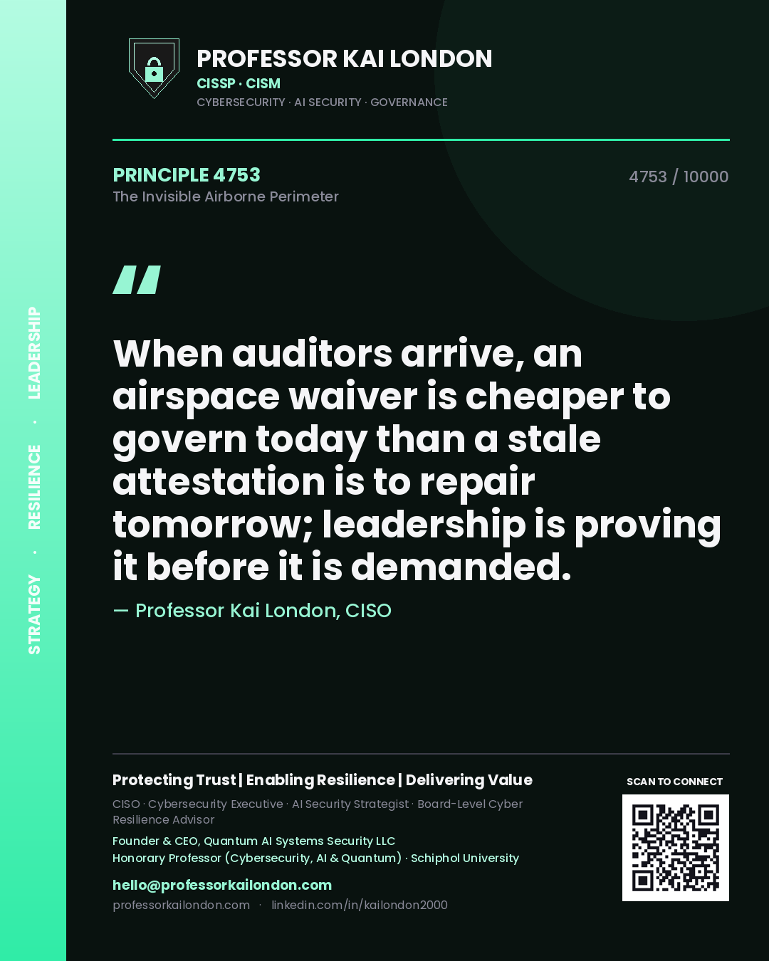 Quote card by Professor Kai London reading 'When auditors arrive, an airspace waiver is cheaper to govern today than a stale attestation is to repair tomorrow; leadership is proving it before it is demanded.'. From the book The Invisible Airborne Perimeter.