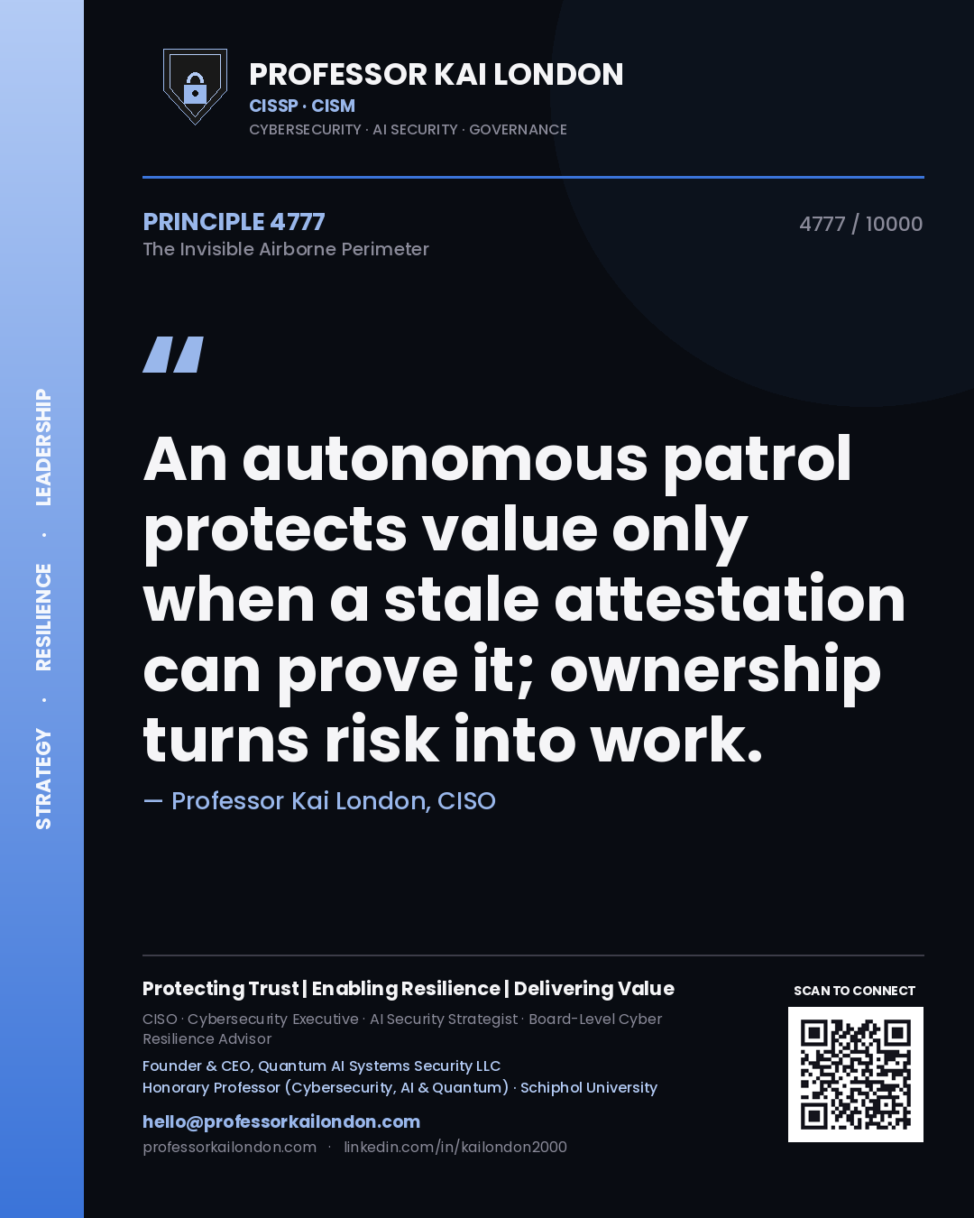 Professor Kai London principle 4777: An autonomous patrol protects value only when a stale attestation can prove it; ownership turns risk into work.