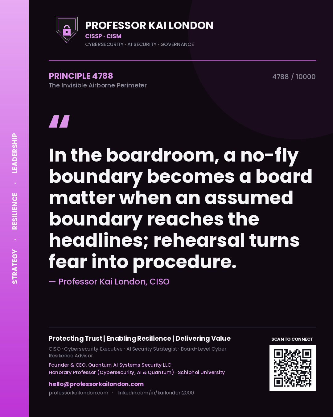 Quote card by Professor Kai London reading 'In the boardroom, a no-fly boundary becomes a board matter when an assumed boundary reaches the headlines; rehearsal turns fear into procedure.'. From the book The Invisible Airborne Perimeter.