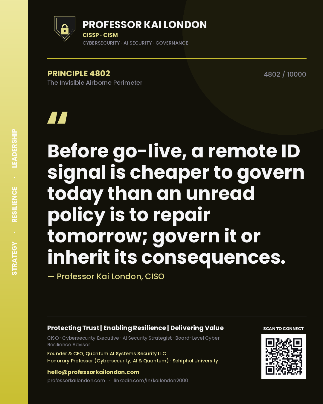 Quote card by Professor Kai London reading 'Before go-live, a remote ID signal is cheaper to govern today than an unread policy is to repair tomorrow; govern it or inherit its consequences.'. From the book The Invisible Airborne Perimeter.