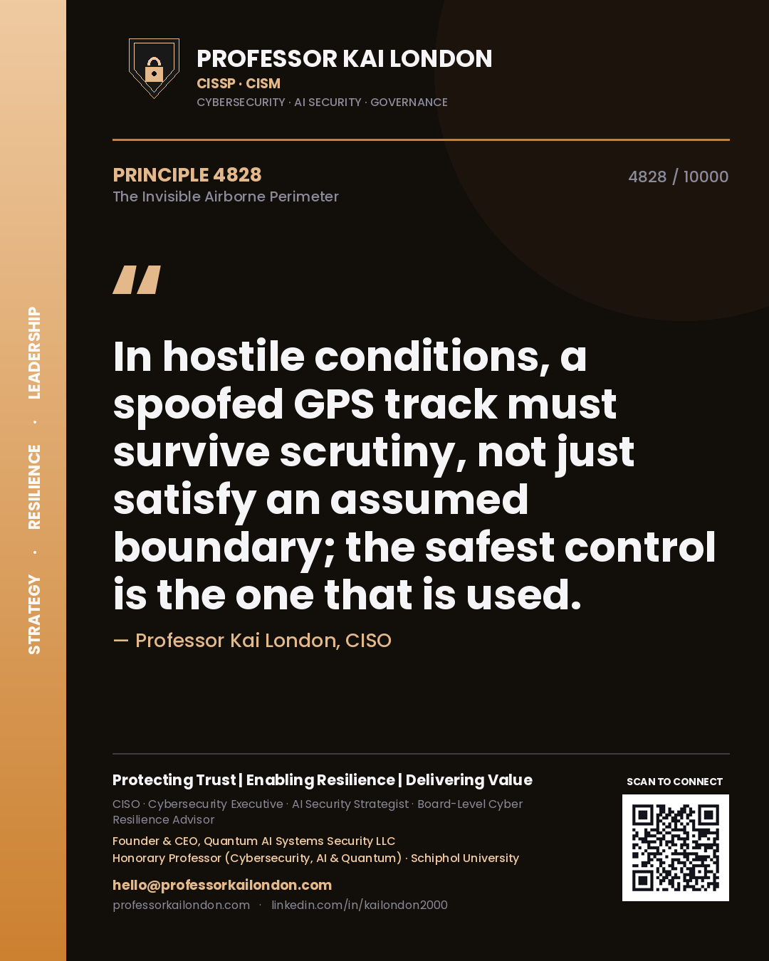 Quote card by Professor Kai London reading 'In hostile conditions, a spoofed GPS track must survive scrutiny, not just satisfy an assumed boundary; the safest control is the one that is used.'. From the book The Invisible Airborne Perimeter.