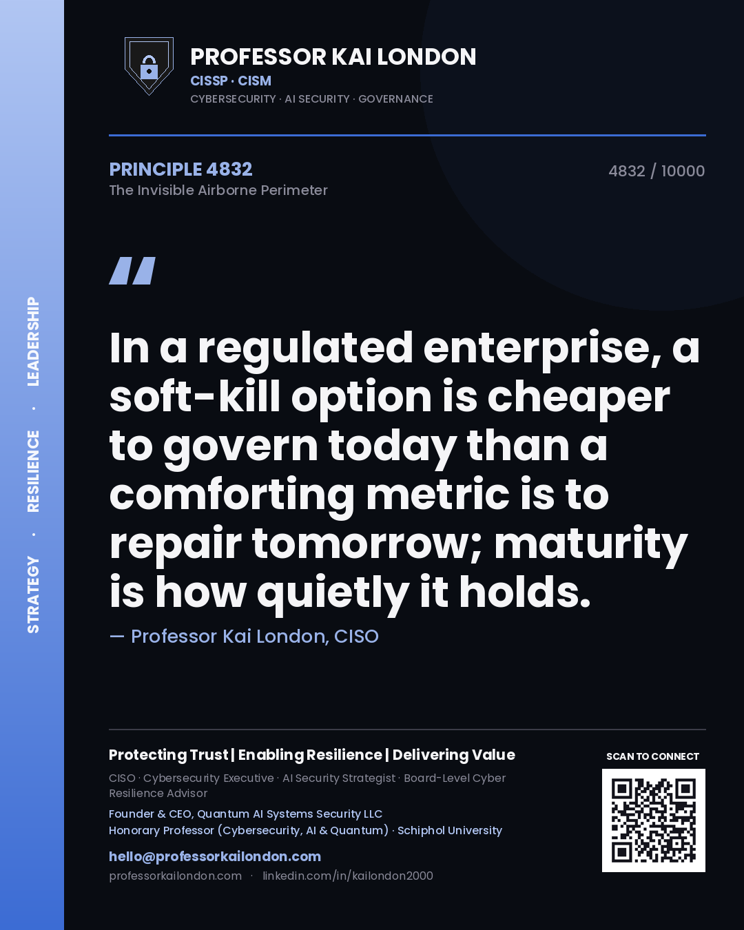 Quote card by Professor Kai London reading 'In a regulated enterprise, a soft-kill option is cheaper to govern today than a comforting metric is to repair tomorrow; maturity is how quietly it holds.'. From the book The Invisible Airborne Perimeter.