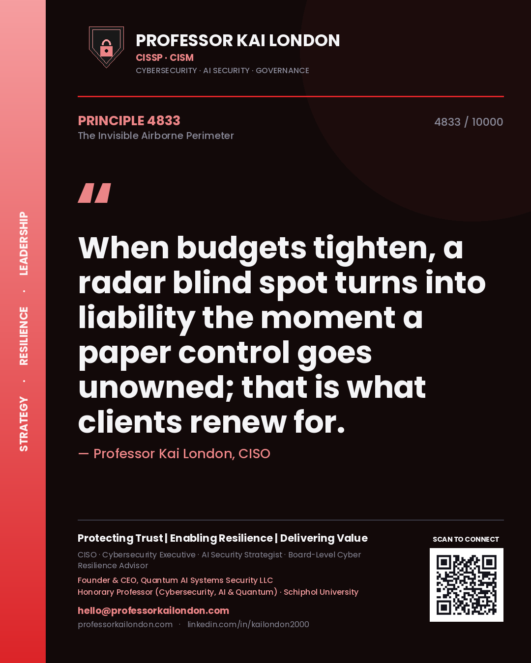 Professor Kai London principle 4833: When budgets tighten, a radar blind spot turns into liability the moment a paper control goes unowned; that is what clients renew for.