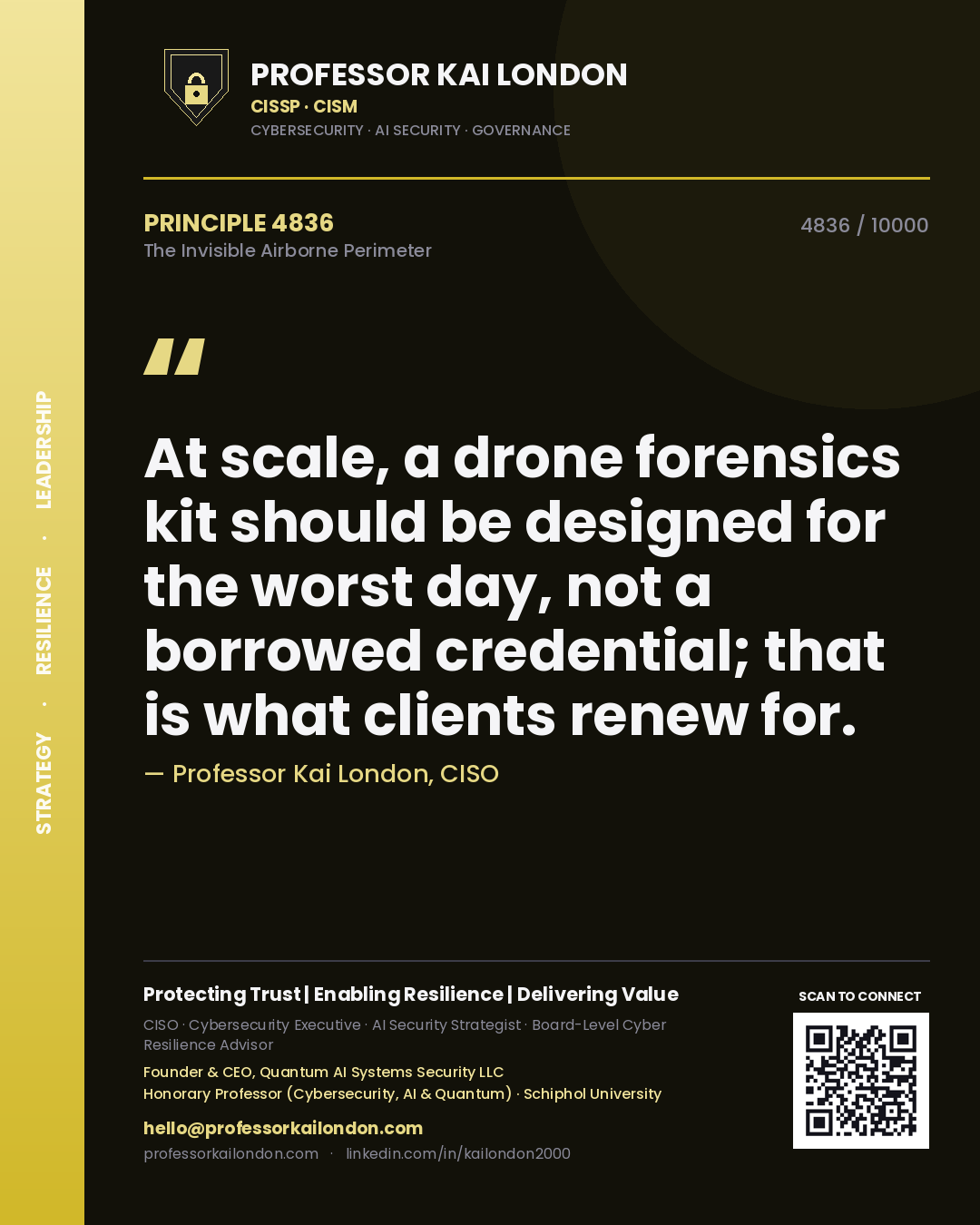 Professor Kai London principle 4836: At scale, a drone forensics kit should be designed for the worst day, not a borrowed credential; that is what clients renew for.