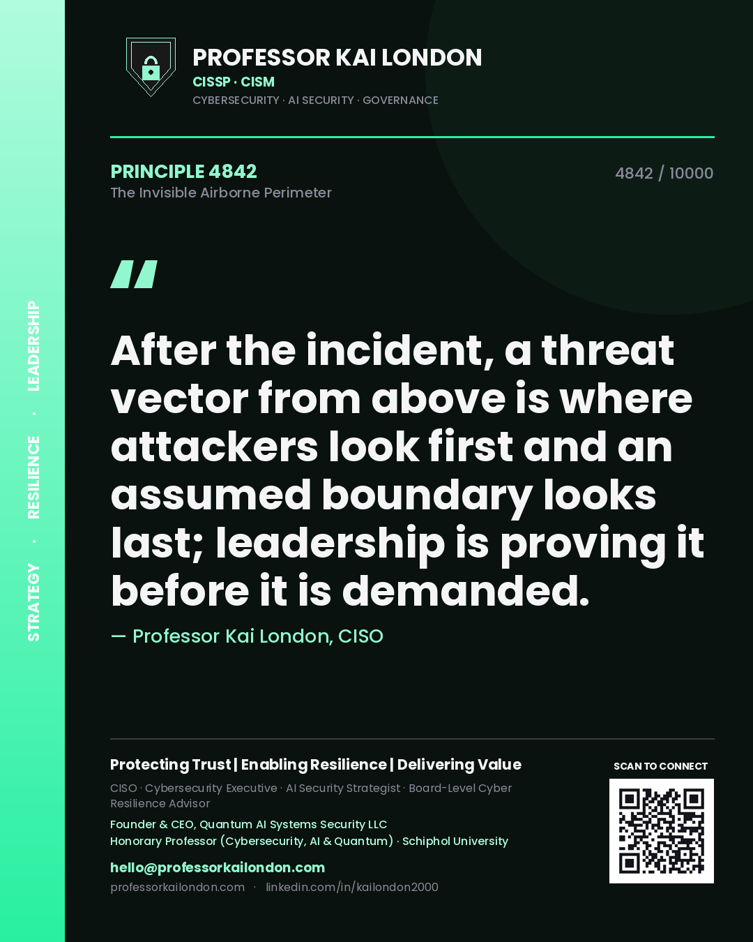 Professor Kai London principle 4842: After the incident, a threat vector from above is where attackers look first and an assumed boundary looks last; leadership is proving it before it is demanded.