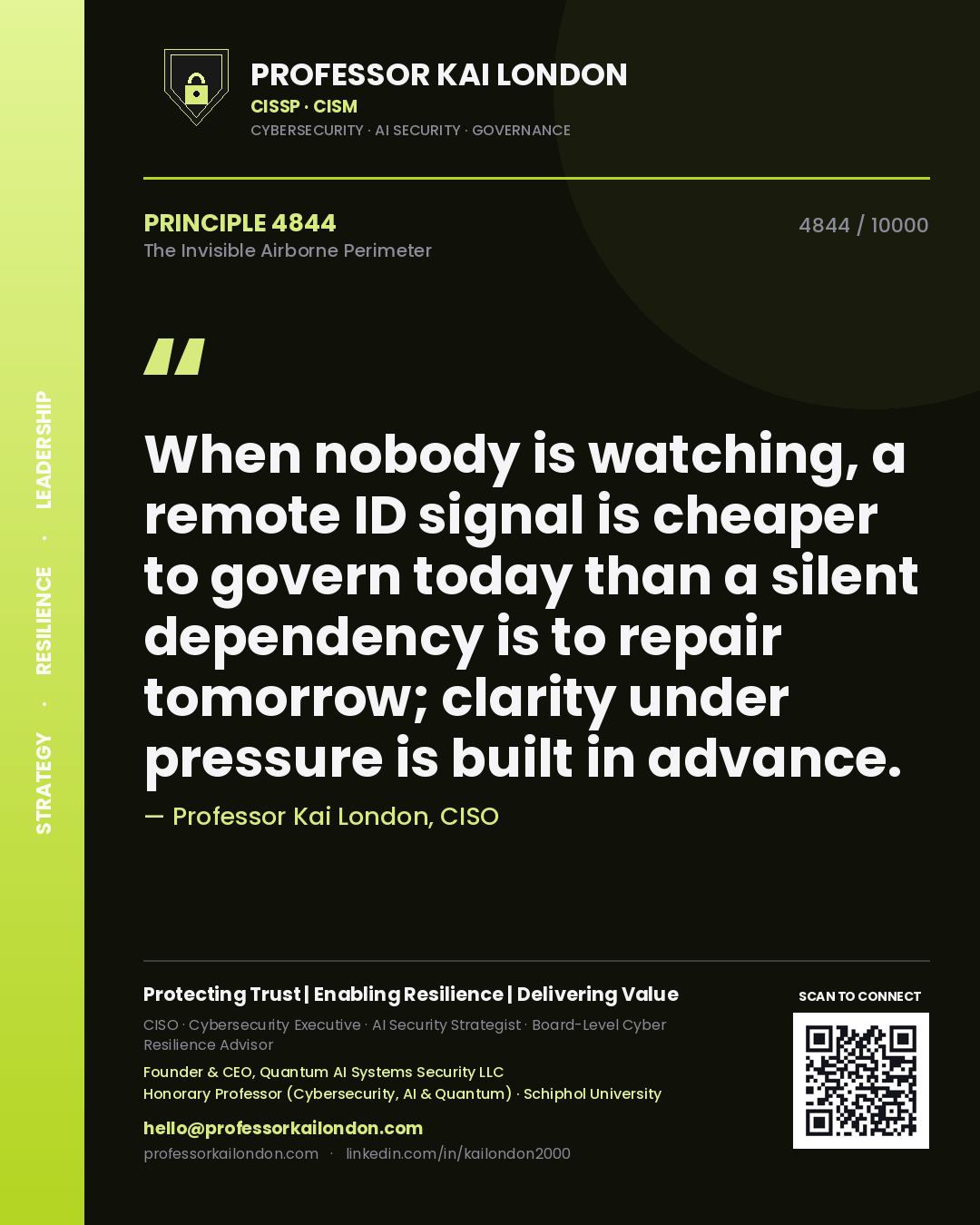 Quote card by Professor Kai London reading 'When nobody is watching, a remote ID signal is cheaper to govern today than a silent dependency is to repair tomorrow; clarity under pressure is built in advance.'. From the book The Invisible Airborne Perimeter.