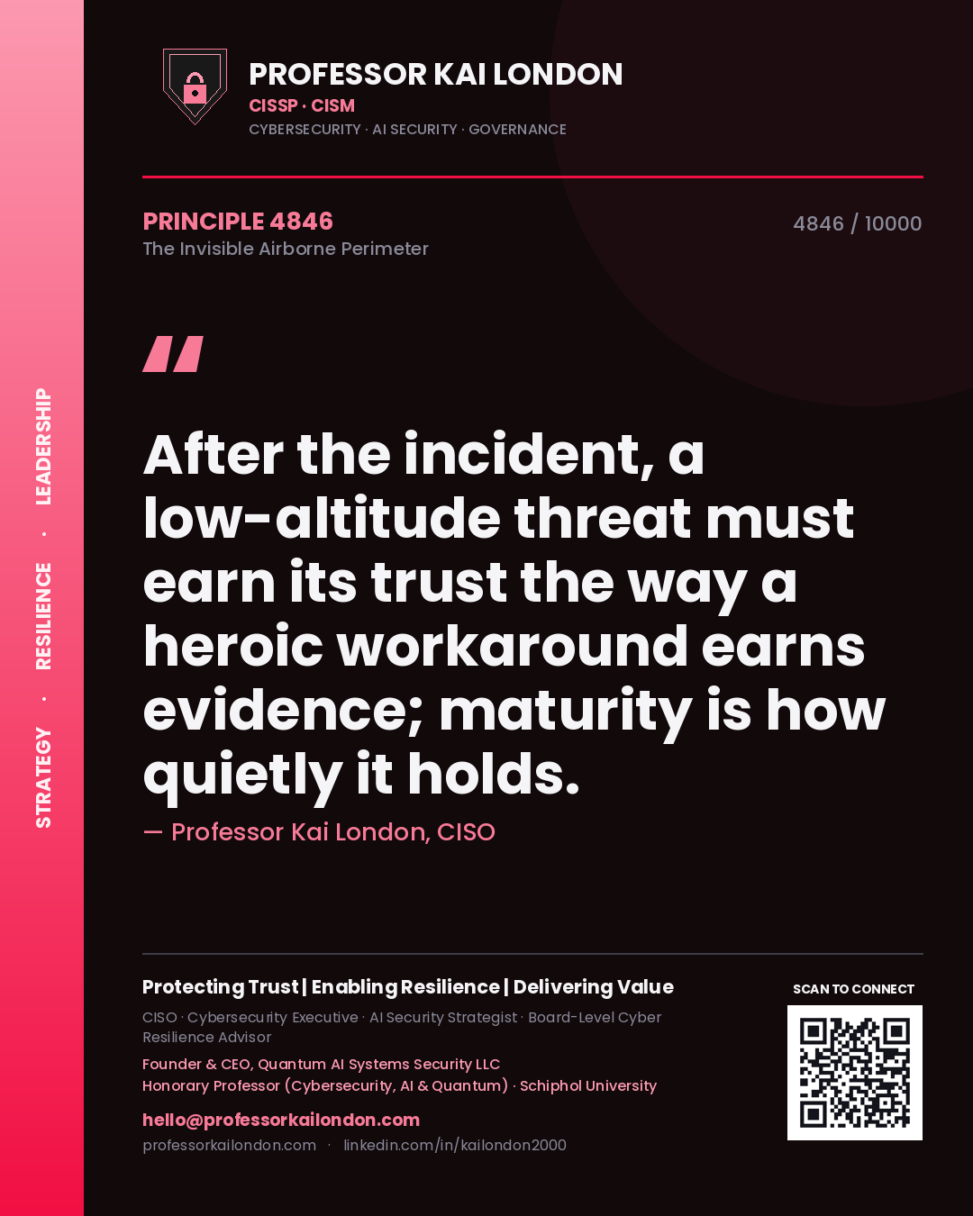 Quote card by Professor Kai London reading 'After the incident, a low-altitude threat must earn its trust the way a heroic workaround earns evidence; maturity is how quietly it holds.'. From the book The Invisible Airborne Perimeter.