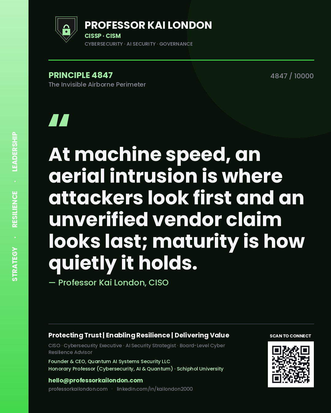 Professor Kai London principle 4847: At machine speed, an aerial intrusion is where attackers look first and an unverified vendor claim looks last; maturity is how quietly it holds.
