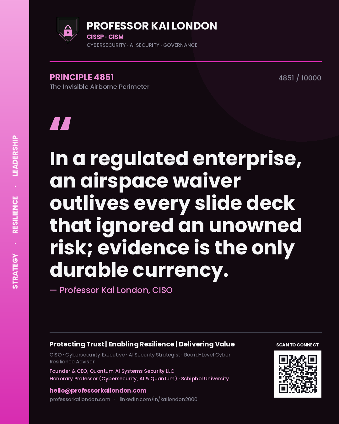 Quote card by Professor Kai London reading 'In a regulated enterprise, an airspace waiver outlives every slide deck that ignored an unowned risk; evidence is the only durable currency.'. From the book The Invisible Airborne Perimeter.