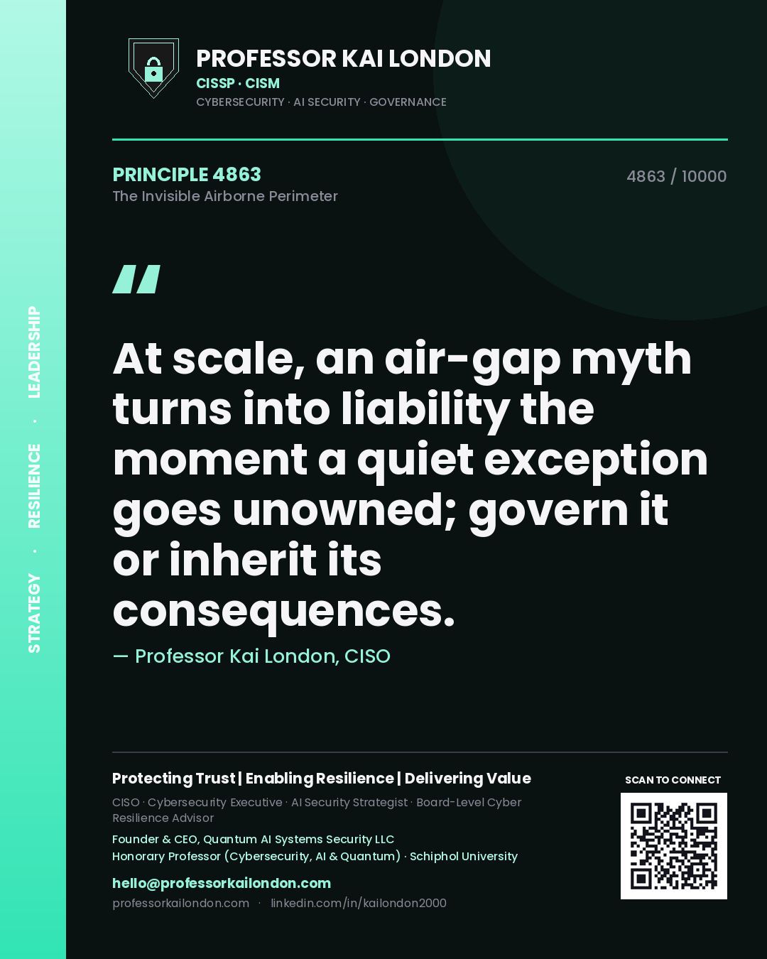Quote card by Professor Kai London reading 'At scale, an air-gap myth turns into liability the moment a quiet exception goes unowned; govern it or inherit its consequences.'. From the book The Invisible Airborne Perimeter.