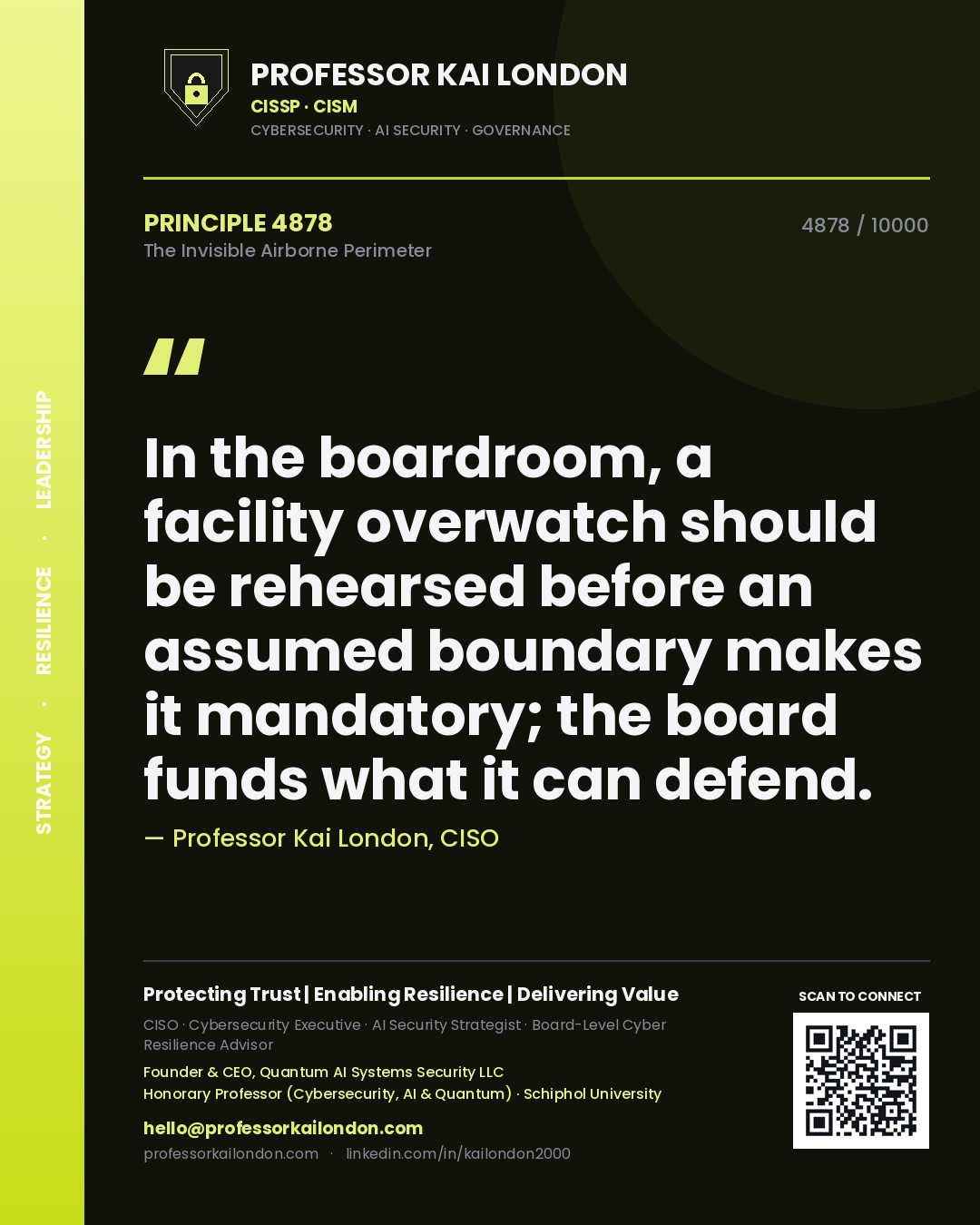 Professor Kai London principle 4878: In the boardroom, a facility overwatch should be rehearsed before an assumed boundary makes it mandatory; the board funds what it can defend.