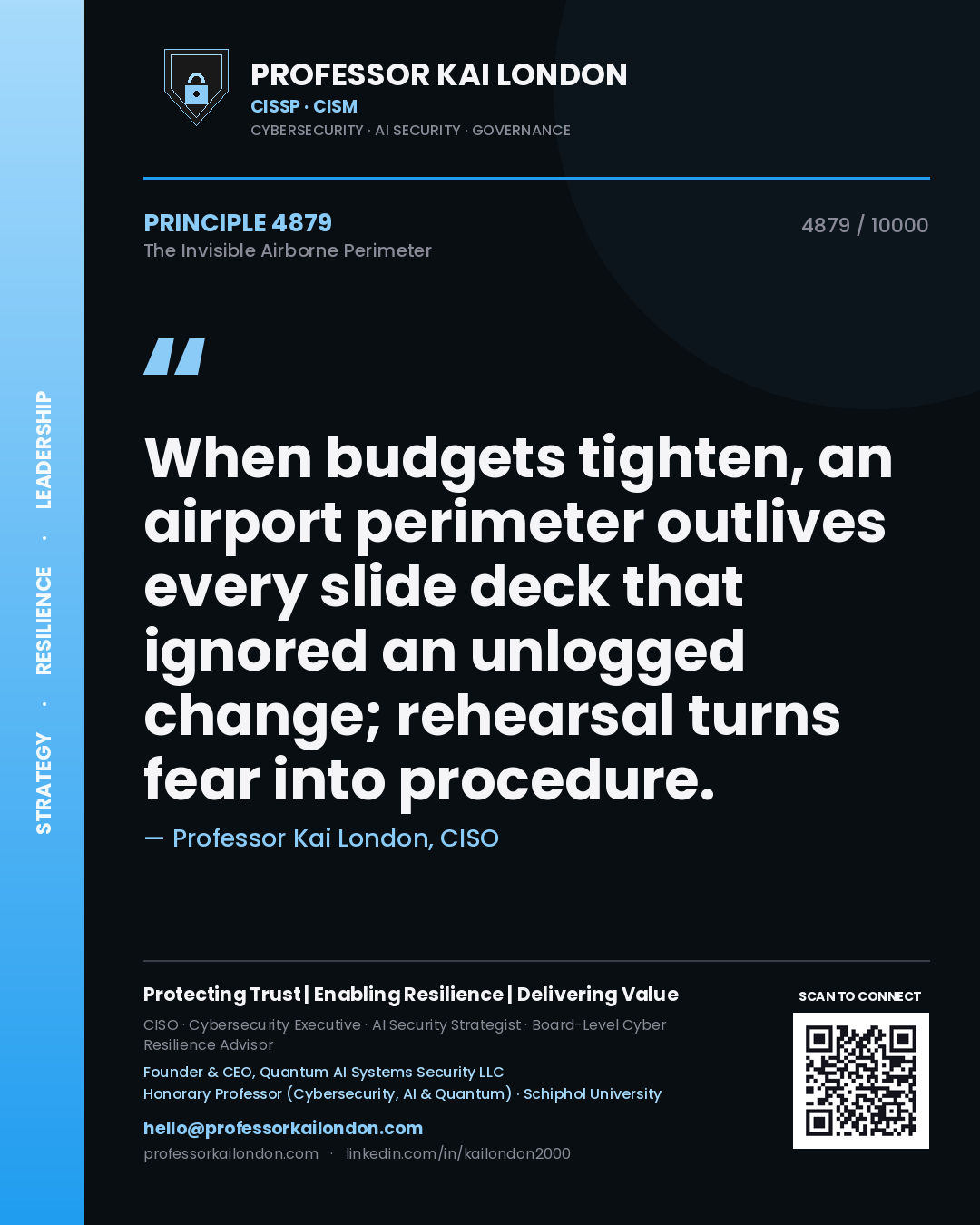 Quote card by Professor Kai London reading 'When budgets tighten, an airport perimeter outlives every slide deck that ignored an unlogged change; rehearsal turns fear into procedure.'. From the book The Invisible Airborne Perimeter.