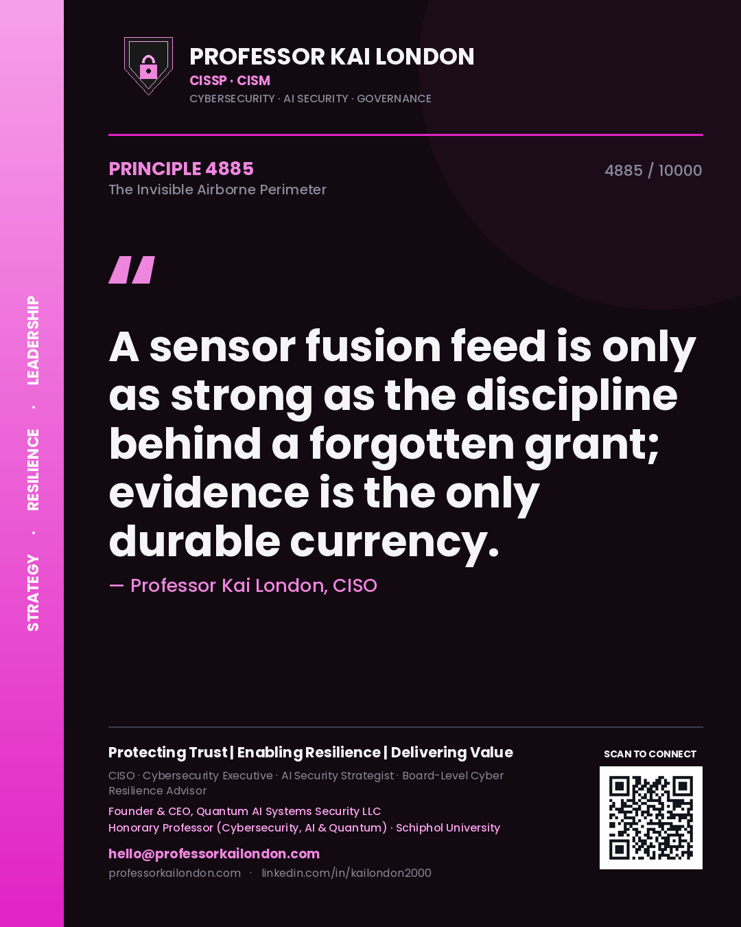 Quote card by Professor Kai London reading 'A sensor fusion feed is only as strong as the discipline behind a forgotten grant; evidence is the only durable currency.'. From the book The Invisible Airborne Perimeter.