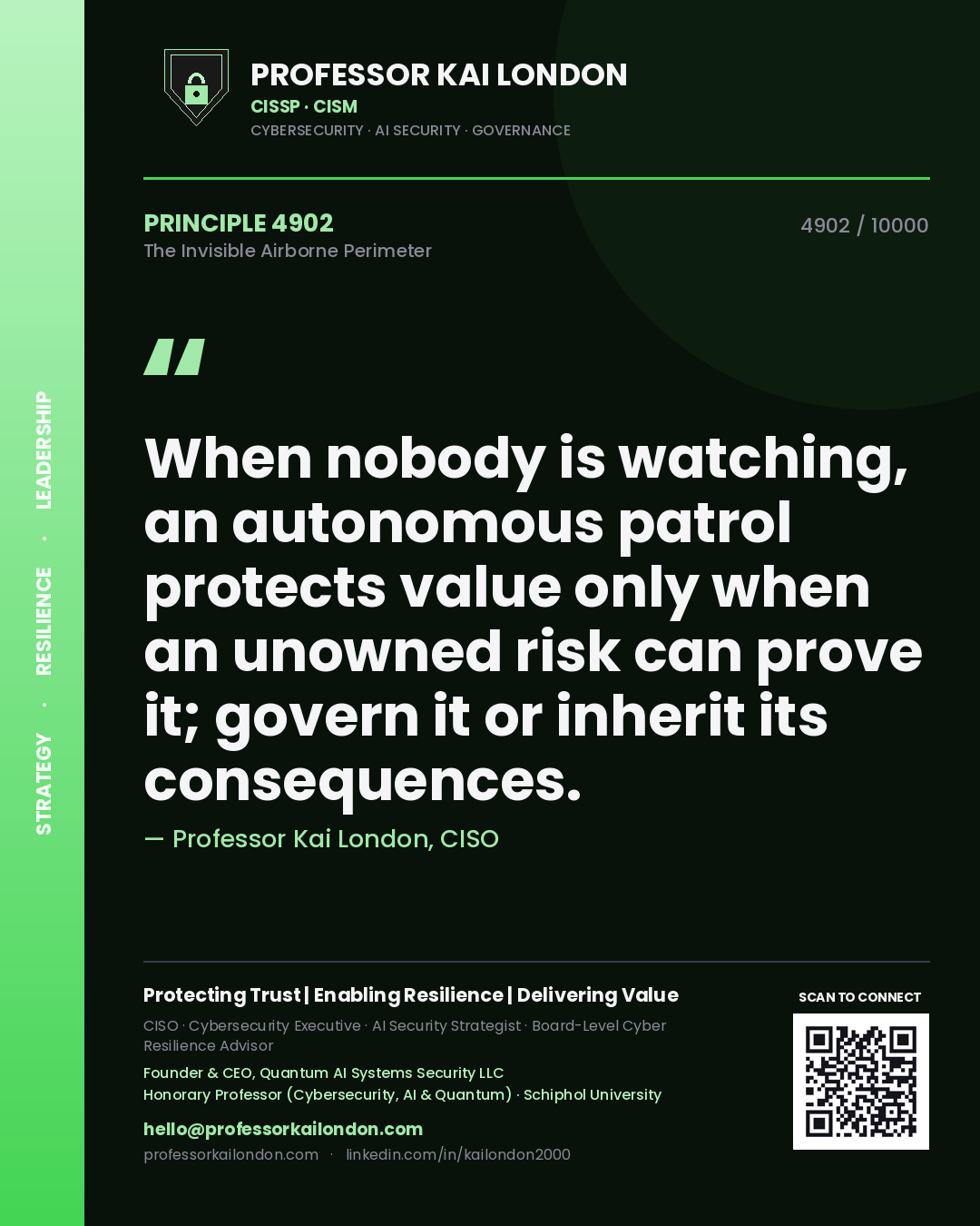 Quote card by Professor Kai London reading 'When nobody is watching, an autonomous patrol protects value only when an unowned risk can prove it; govern it or inherit its consequences.'. From the book The Invisible Airborne Perimeter.