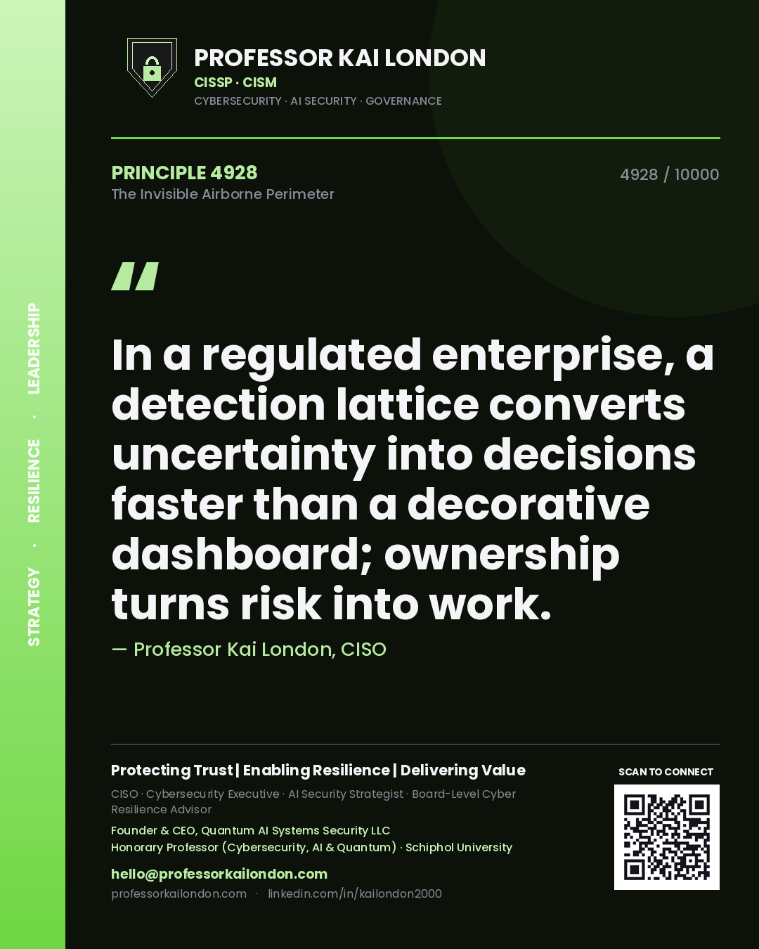 Quote card by Professor Kai London reading 'In a regulated enterprise, a detection lattice converts uncertainty into decisions faster than a decorative dashboard; ownership turns risk into work.'. From the book The Invisible Airborne Perimeter.