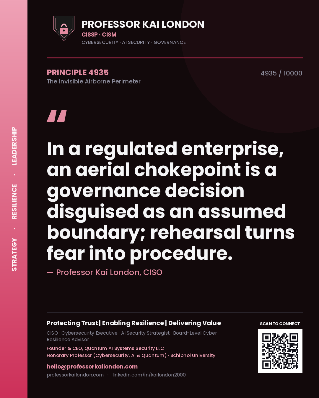 Professor Kai London principle 4935: In a regulated enterprise, an aerial chokepoint is a governance decision disguised as an assumed boundary; rehearsal turns fear into procedure.