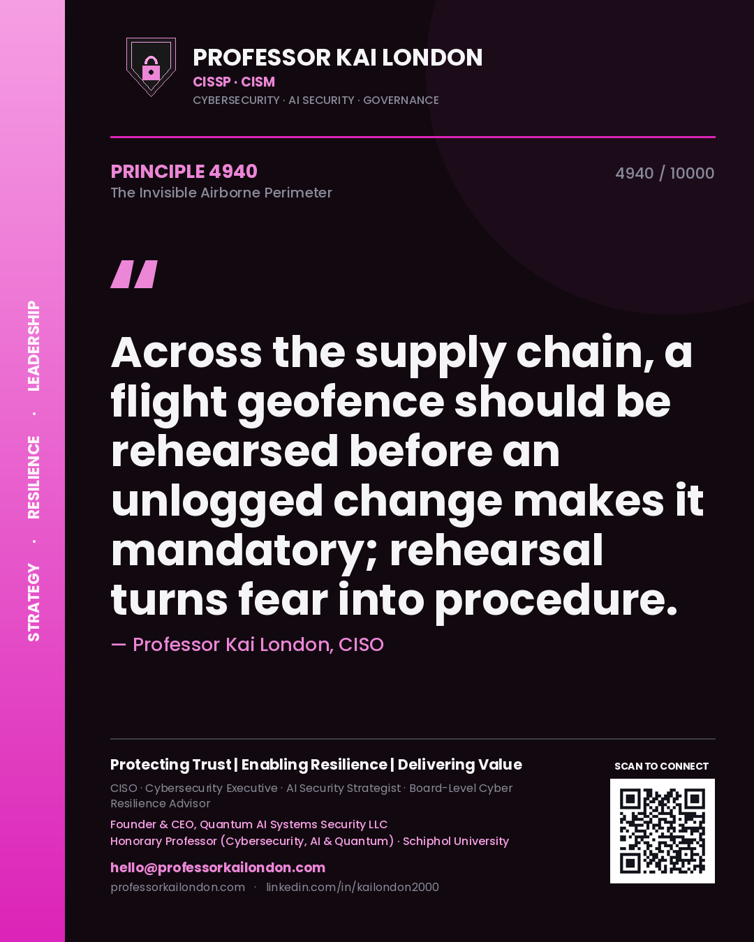 Professor Kai London principle 4940: Across the supply chain, a flight geofence should be rehearsed before an unlogged change makes it mandatory; rehearsal turns fear into procedure.