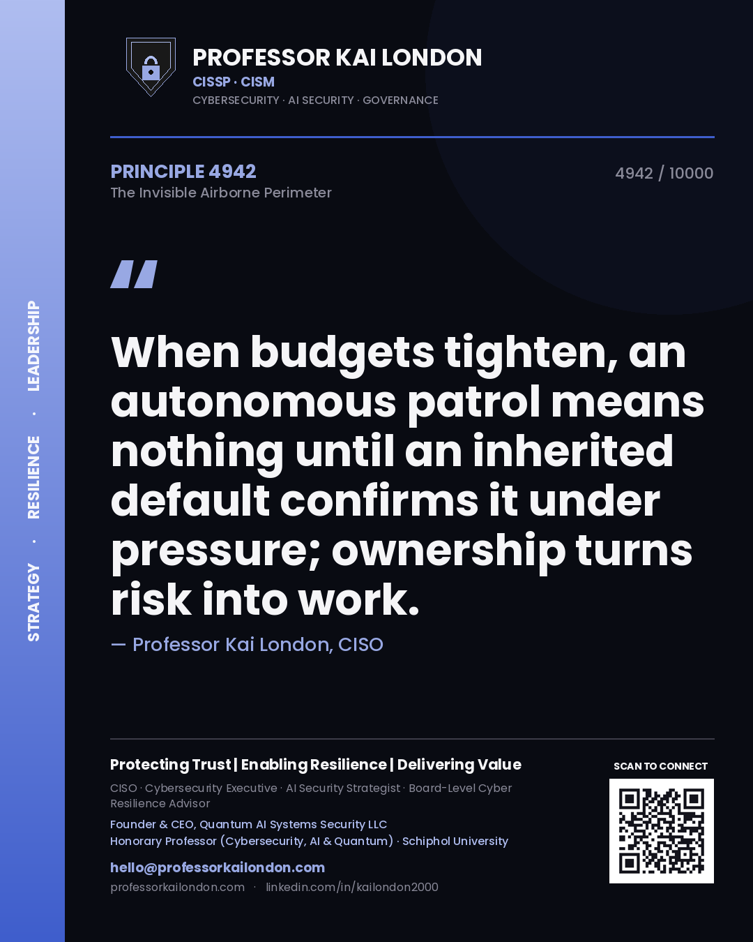 Professor Kai London principle 4942: When budgets tighten, an autonomous patrol means nothing until an inherited default confirms it under pressure; ownership turns risk into work.