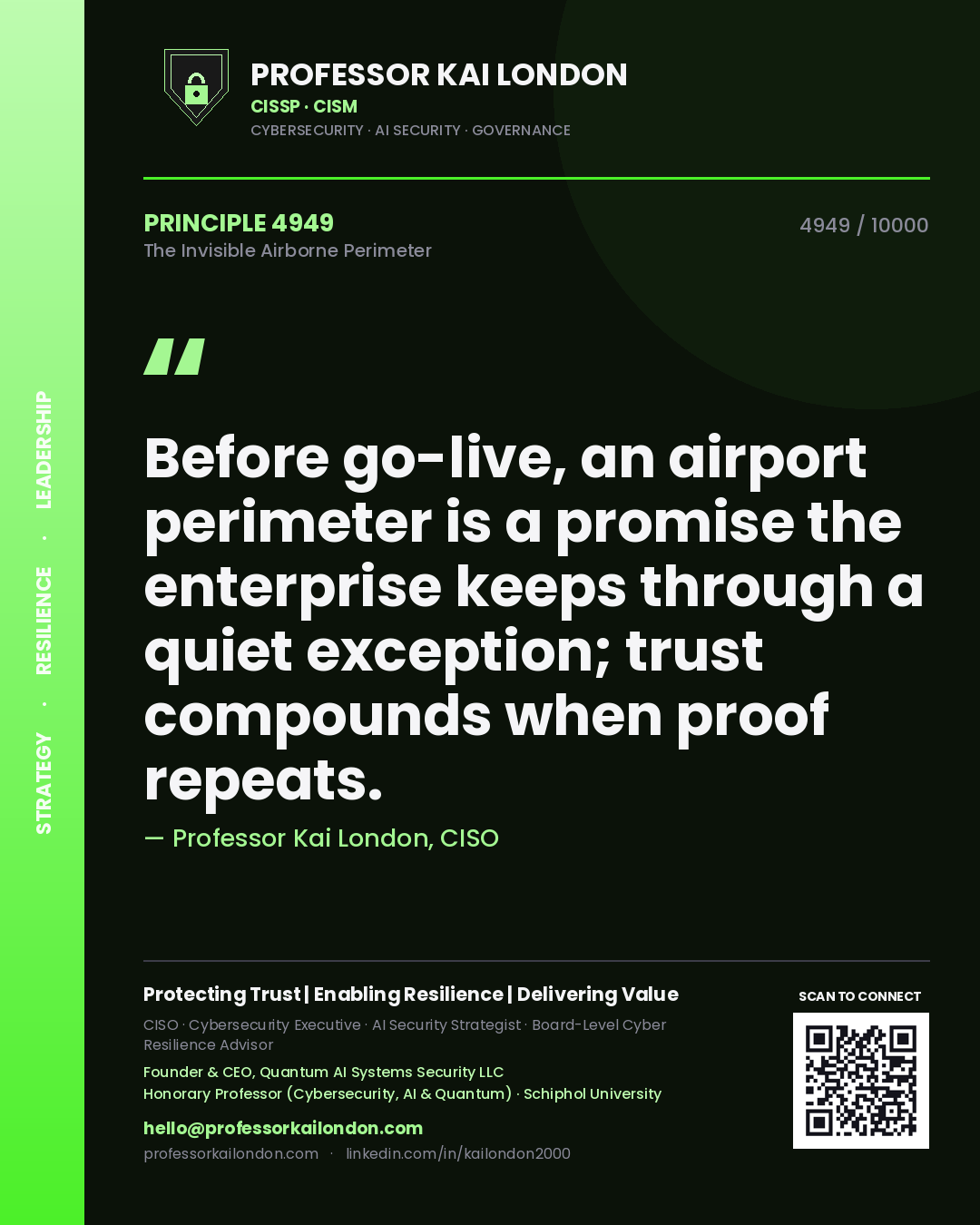 Quote card by Professor Kai London reading 'Before go-live, an airport perimeter is a promise the enterprise keeps through a quiet exception; trust compounds when proof repeats.'. From the book The Invisible Airborne Perimeter.