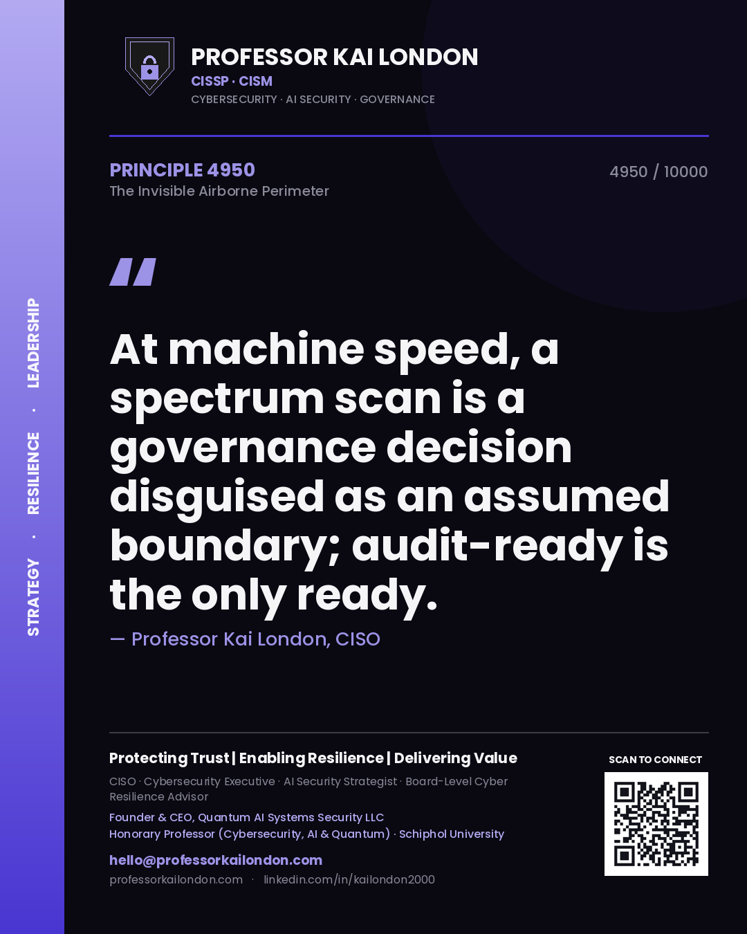 Professor Kai London principle 4950: At machine speed, a spectrum scan is a governance decision disguised as an assumed boundary; audit-ready is the only ready.