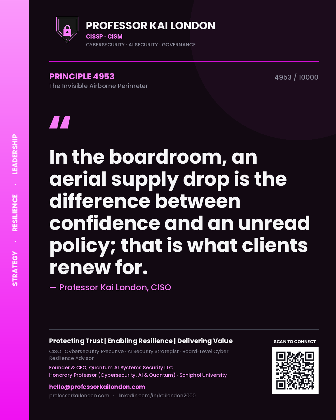Quote card by Professor Kai London reading 'In the boardroom, an aerial supply drop is the difference between confidence and an unread policy; that is what clients renew for.'. From the book The Invisible Airborne Perimeter.