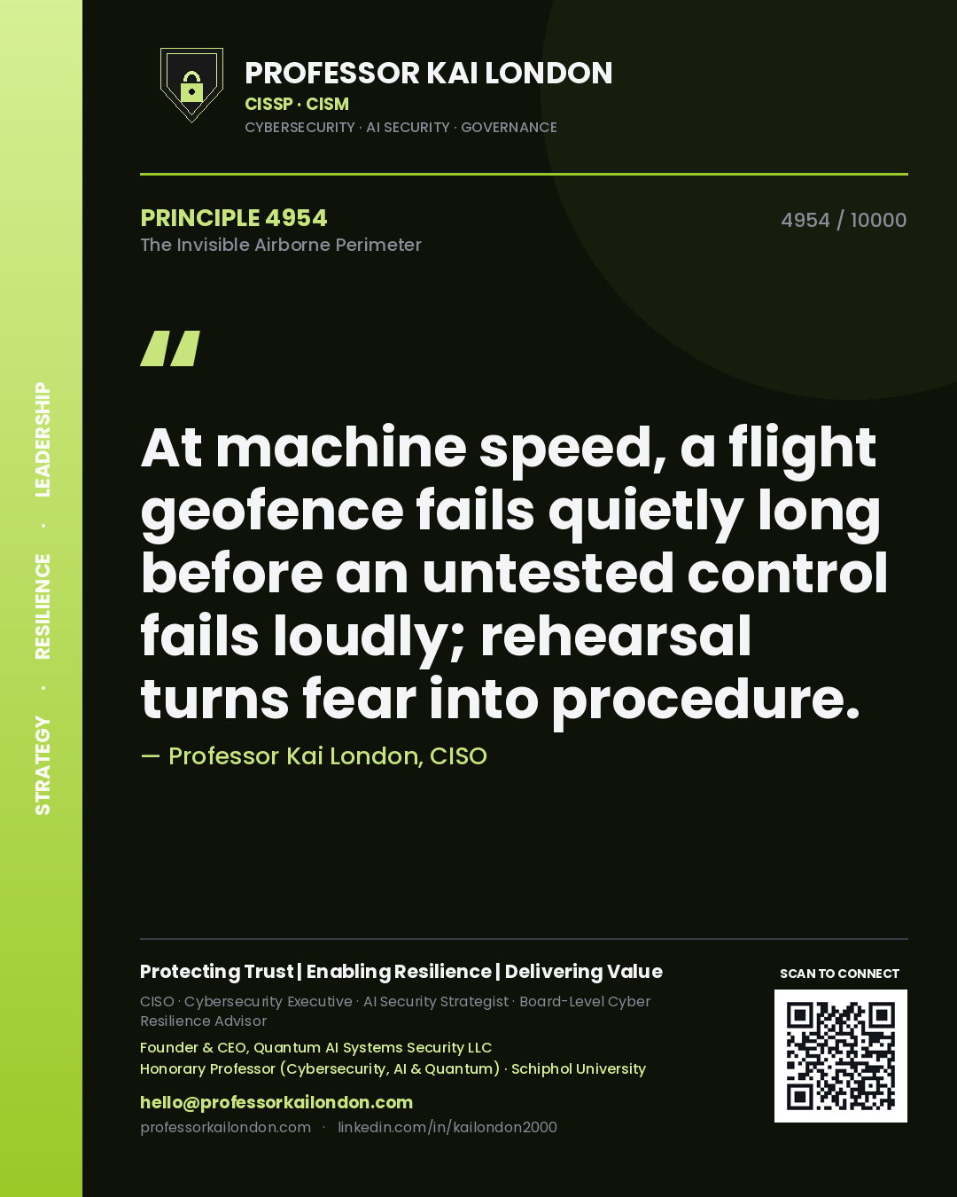 Professor Kai London principle 4954: At machine speed, a flight geofence fails quietly long before an untested control fails loudly; rehearsal turns fear into procedure.