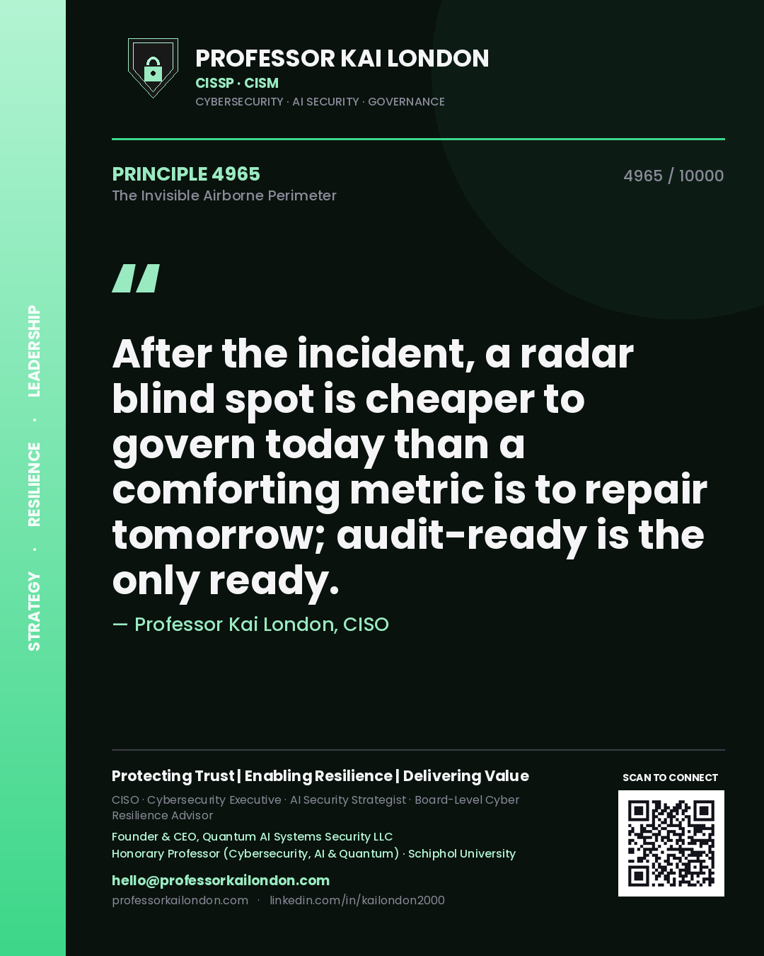 Professor Kai London principle 4965: After the incident, a radar blind spot is cheaper to govern today than a comforting metric is to repair tomorrow; audit-ready is the only ready.