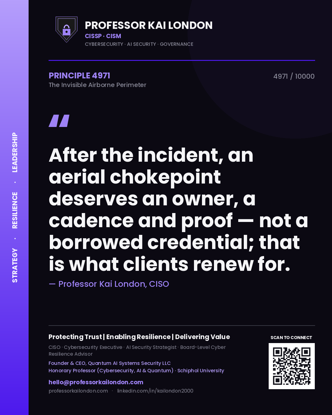 Professor Kai London principle 4971: After the incident, an aerial chokepoint deserves an owner, a cadence and proof — not a borrowed credential; that is what clients renew for.