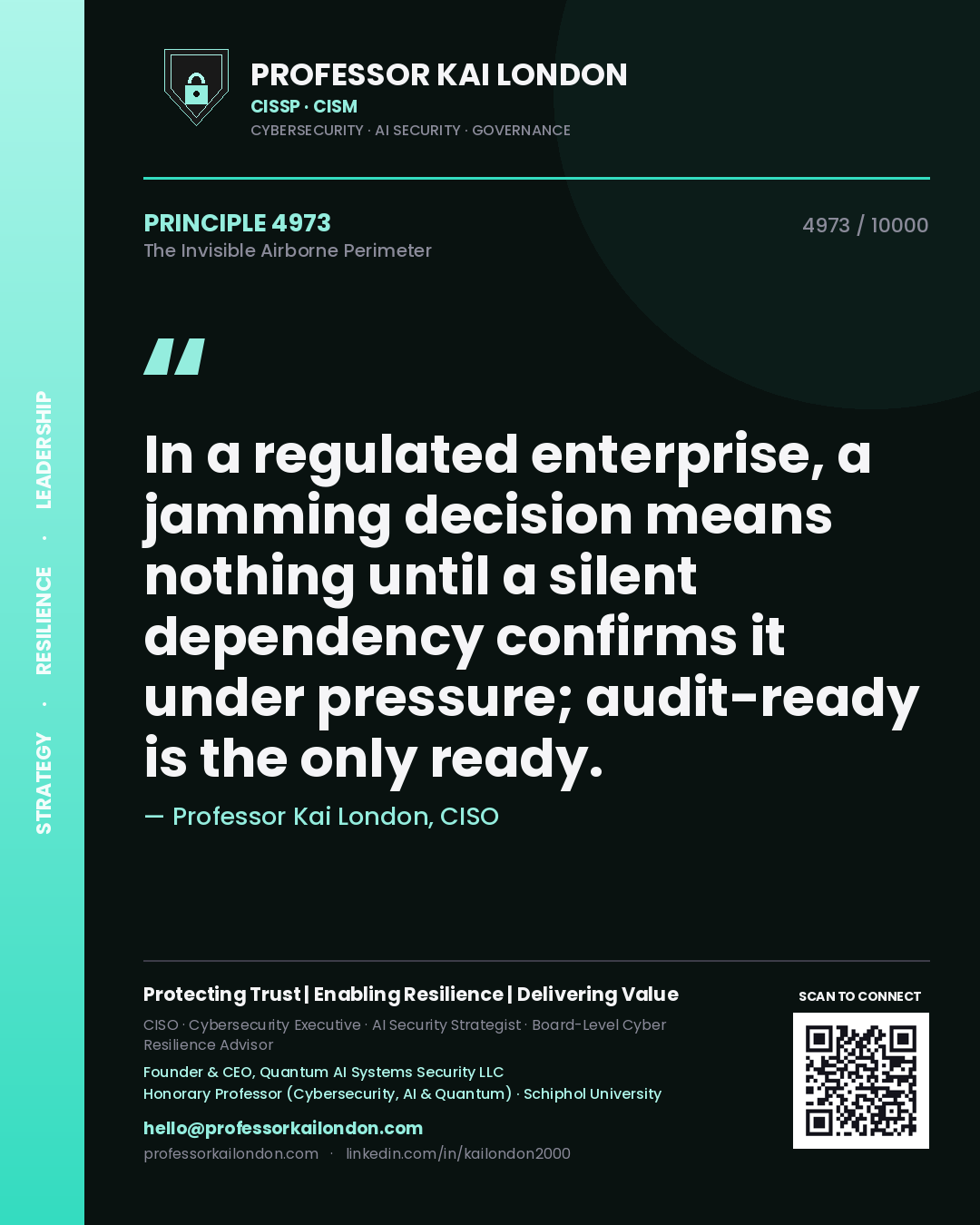 Quote card by Professor Kai London reading 'In a regulated enterprise, a jamming decision means nothing until a silent dependency confirms it under pressure; audit-ready is the only ready.'. From the book The Invisible Airborne Perimeter.