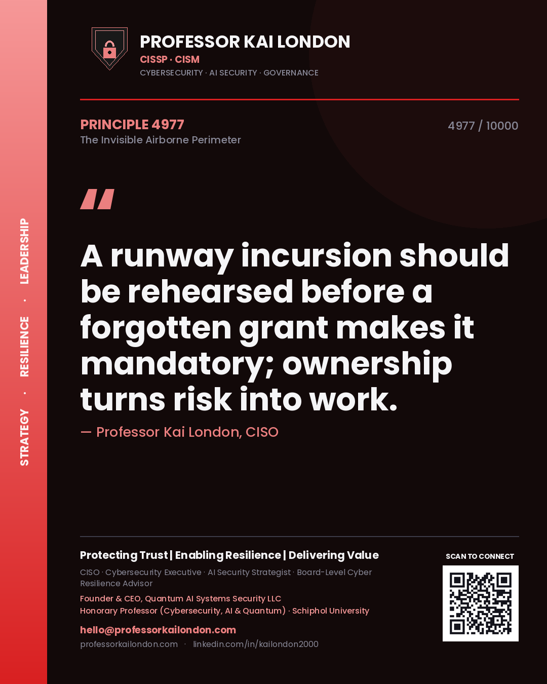 Quote card by Professor Kai London reading 'A runway incursion should be rehearsed before a forgotten grant makes it mandatory; ownership turns risk into work.'. From the book The Invisible Airborne Perimeter.