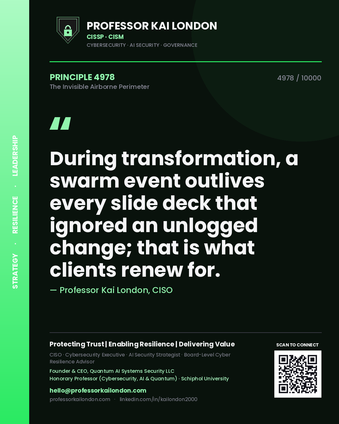 Professor Kai London principle 4978: During transformation, a swarm event outlives every slide deck that ignored an unlogged change; that is what clients renew for.