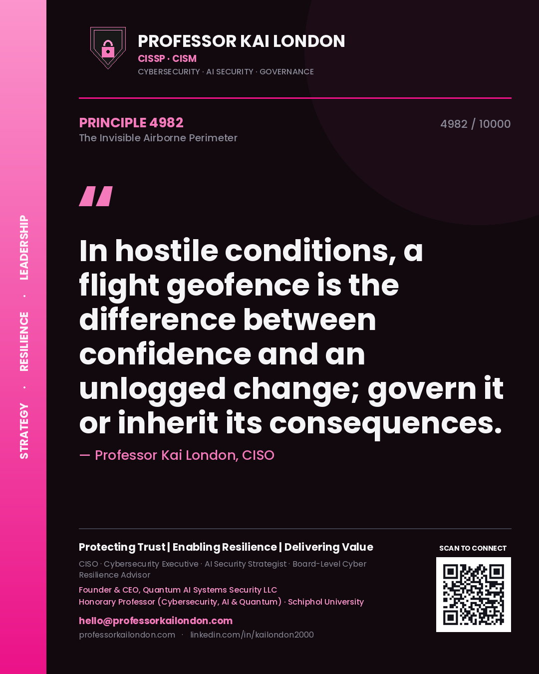Quote card by Professor Kai London reading 'In hostile conditions, a flight geofence is the difference between confidence and an unlogged change; govern it or inherit its consequences.'. From the book The Invisible Airborne Perimeter.
