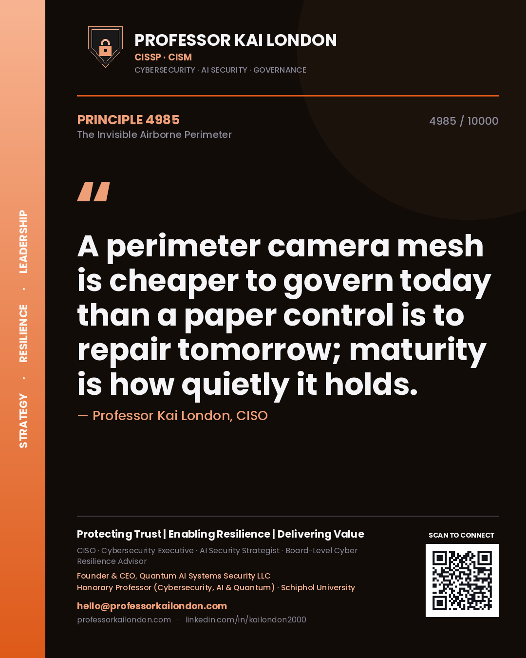 Professor Kai London principle 4985: A perimeter camera mesh is cheaper to govern today than a paper control is to repair tomorrow; maturity is how quietly it holds.
