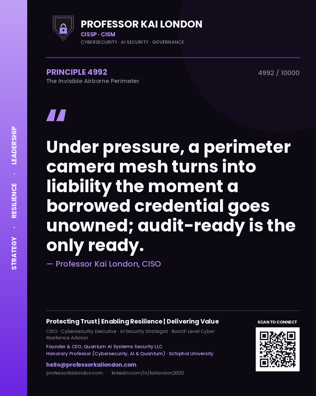 Quote card by Professor Kai London reading 'Under pressure, a perimeter camera mesh turns into liability the moment a borrowed credential goes unowned; audit-ready is the only ready.'. From the book The Invisible Airborne Perimeter.
