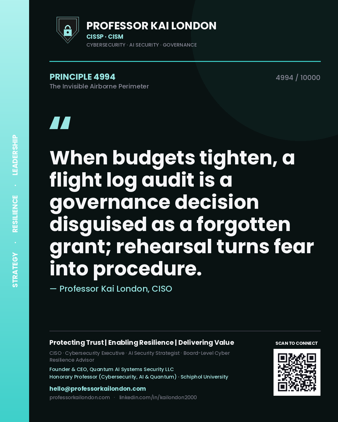 Professor Kai London principle 4994: When budgets tighten, a flight log audit is a governance decision disguised as a forgotten grant; rehearsal turns fear into procedure.