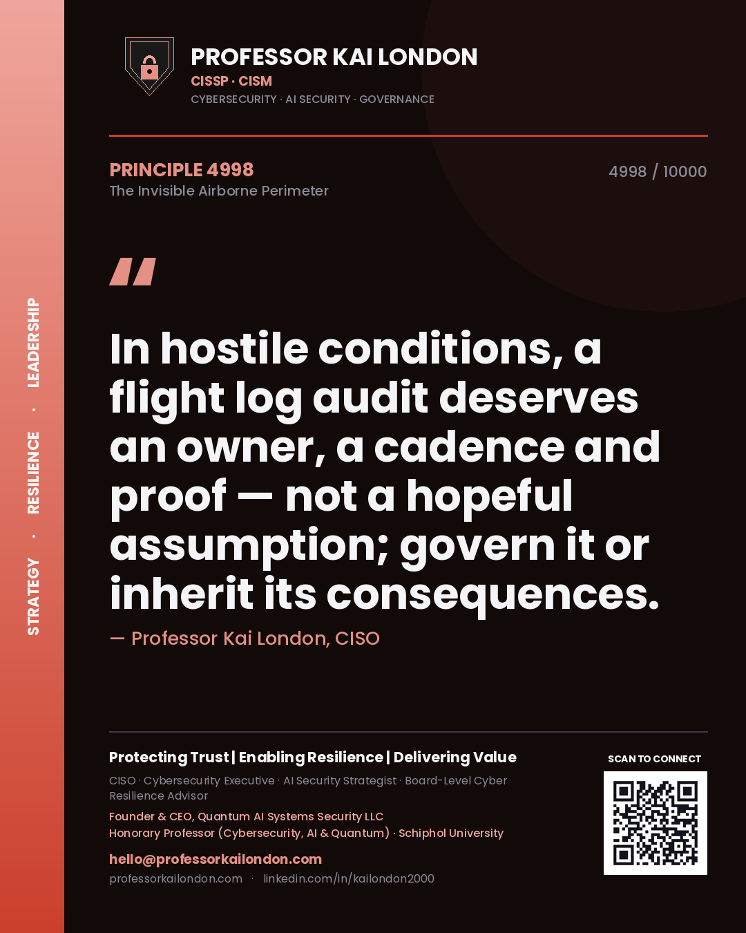 Professor Kai London principle 4998: In hostile conditions, a flight log audit deserves an owner, a cadence and proof — not a hopeful assumption; govern it or inherit its consequences.