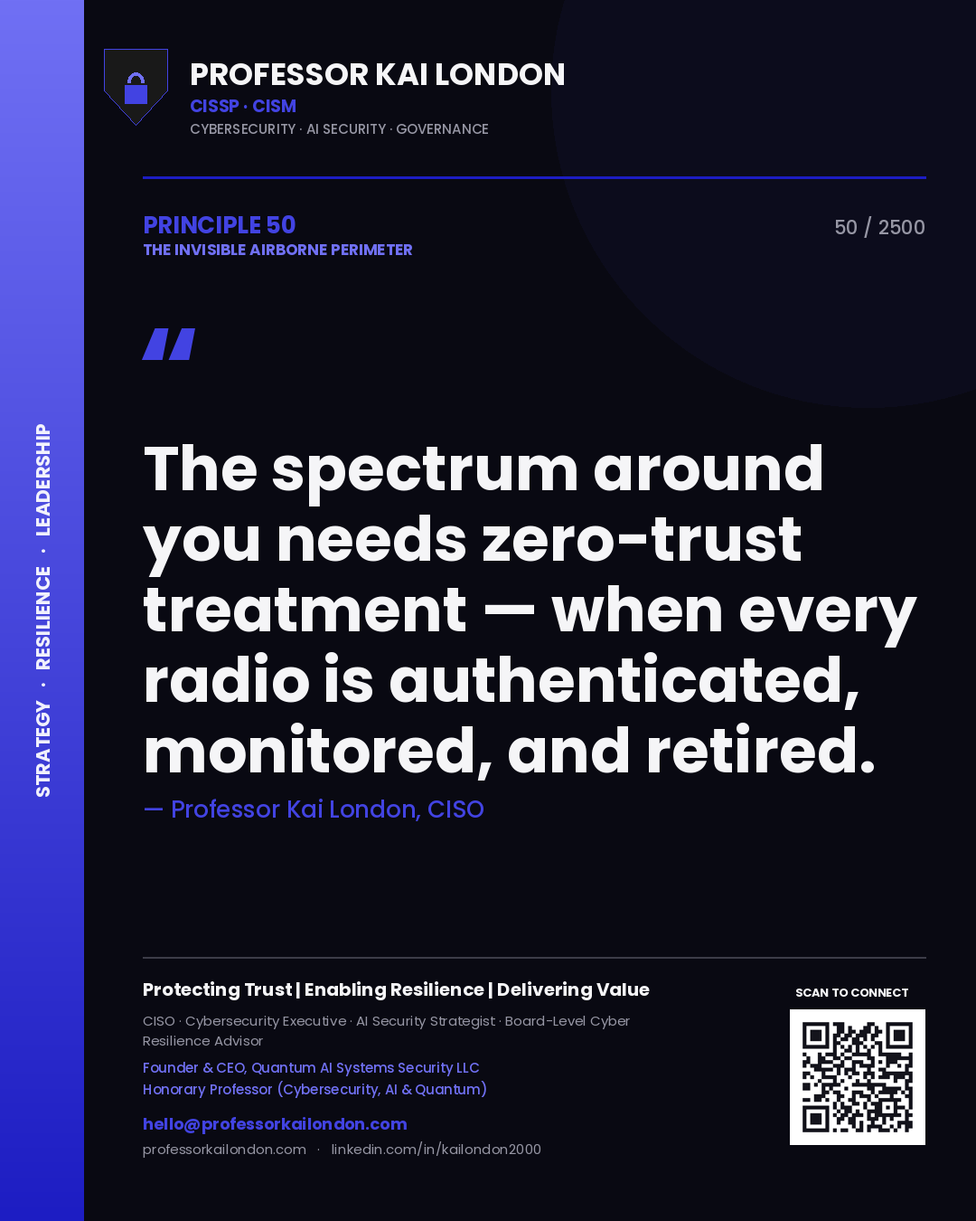 Professor Kai London principle 50: The spectrum around you needs zero-trust treatment — when every radio is authenticated, monitored, and retired.