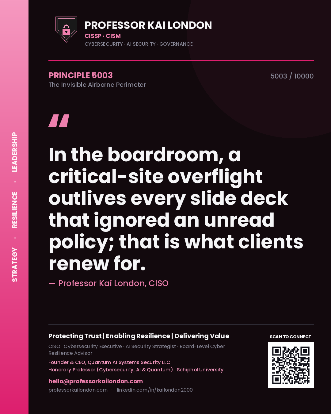 Professor Kai London principle 5003: In the boardroom, a critical-site overflight outlives every slide deck that ignored an unread policy; that is what clients renew for.