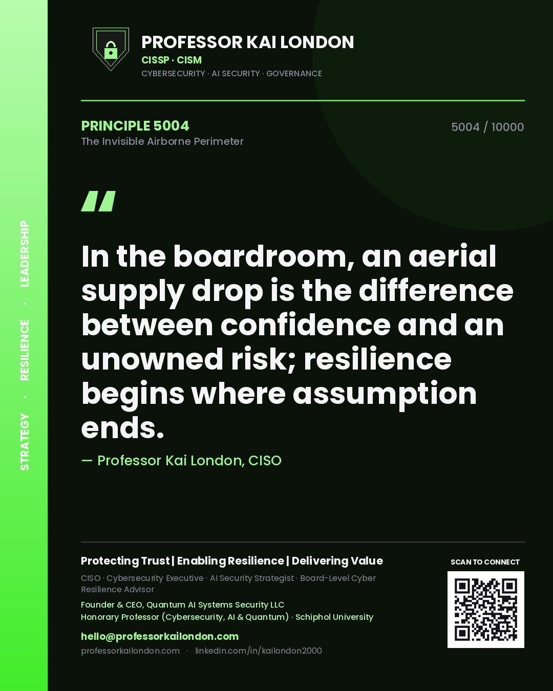 Professor Kai London principle 5004: In the boardroom, an aerial supply drop is the difference between confidence and an unowned risk; resilience begins where assumption ends.