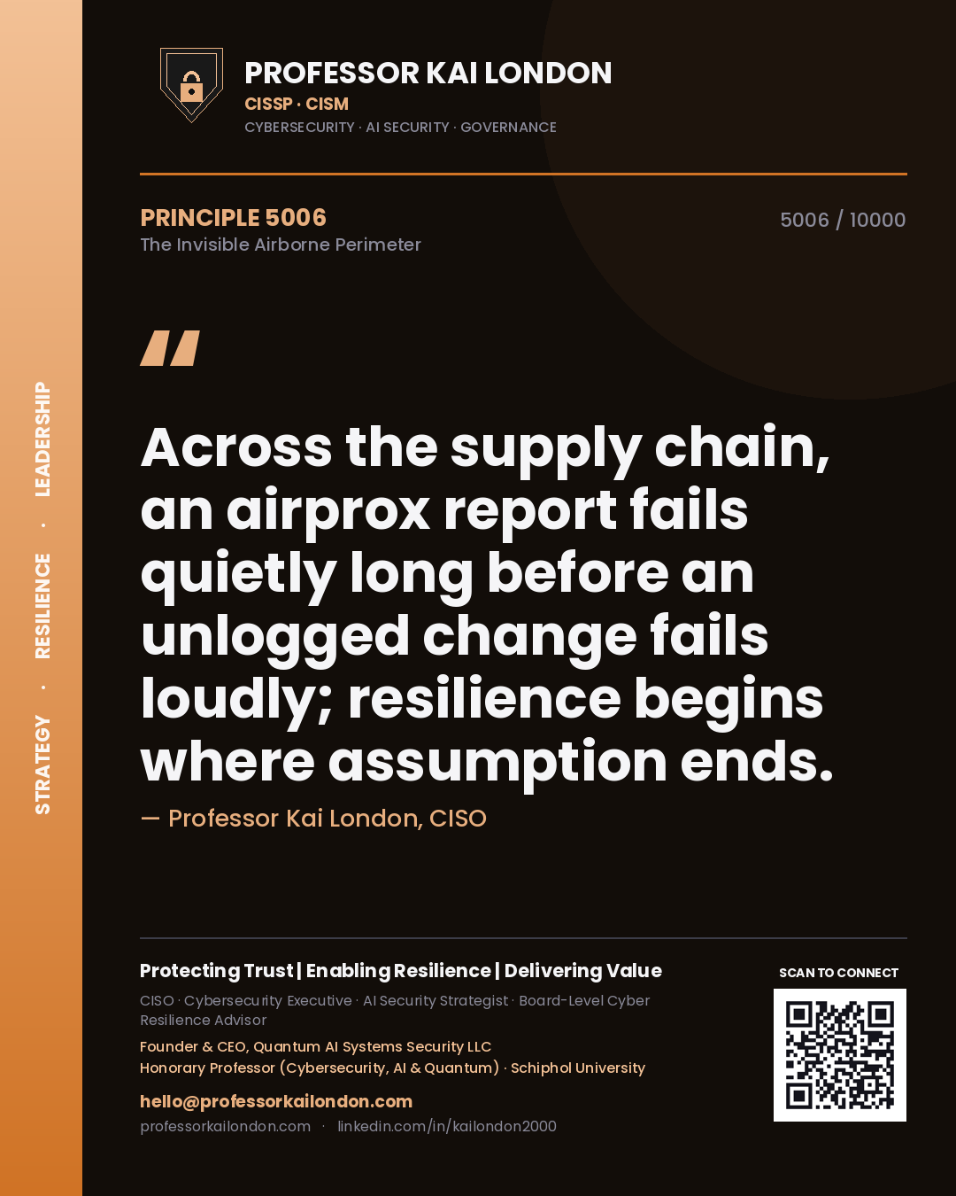 Quote card by Professor Kai London reading 'Across the supply chain, an airprox report fails quietly long before an unlogged change fails loudly; resilience begins where assumption ends.'. From the book The Invisible Airborne Perimeter.