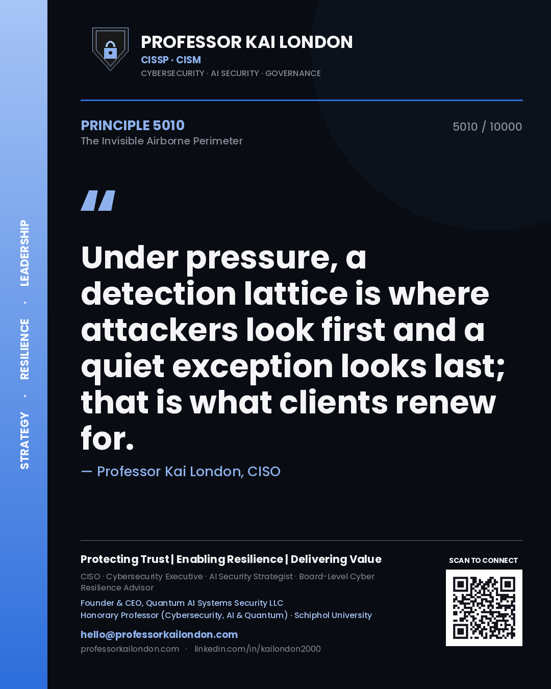Professor Kai London principle 5010: Under pressure, a detection lattice is where attackers look first and a quiet exception looks last; that is what clients renew for.