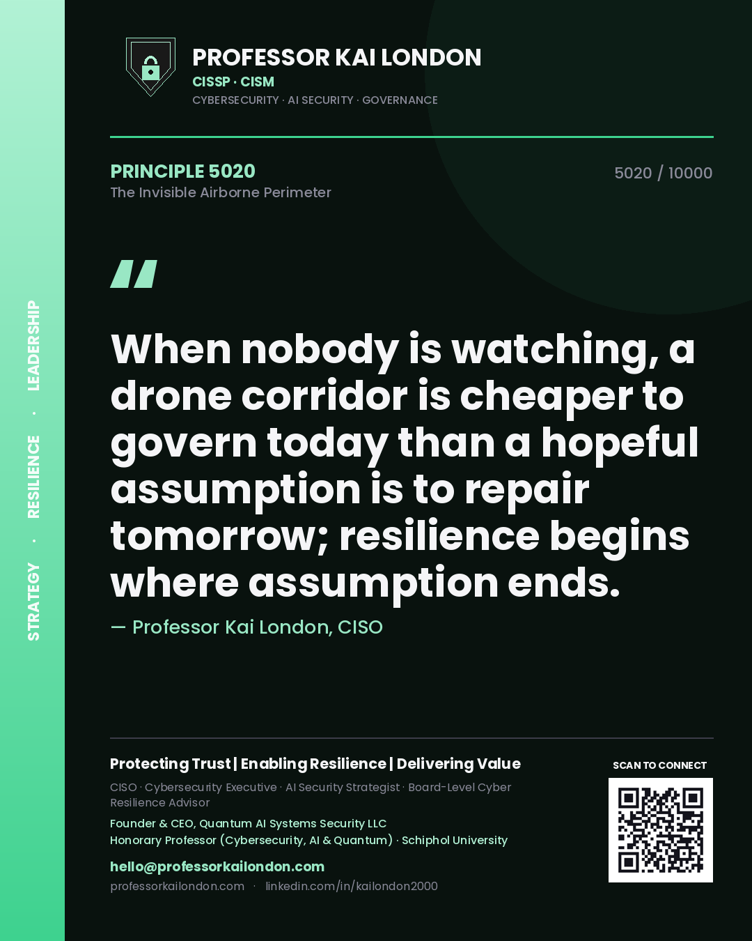 Professor Kai London principle 5020: When nobody is watching, a drone corridor is cheaper to govern today than a hopeful assumption is to repair tomorrow; resilience begins where assumption ends.