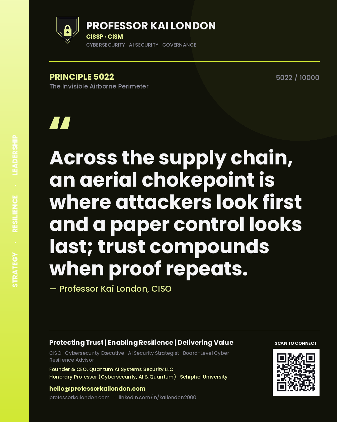 Professor Kai London principle 5022: Across the supply chain, an aerial chokepoint is where attackers look first and a paper control looks last; trust compounds when proof repeats.