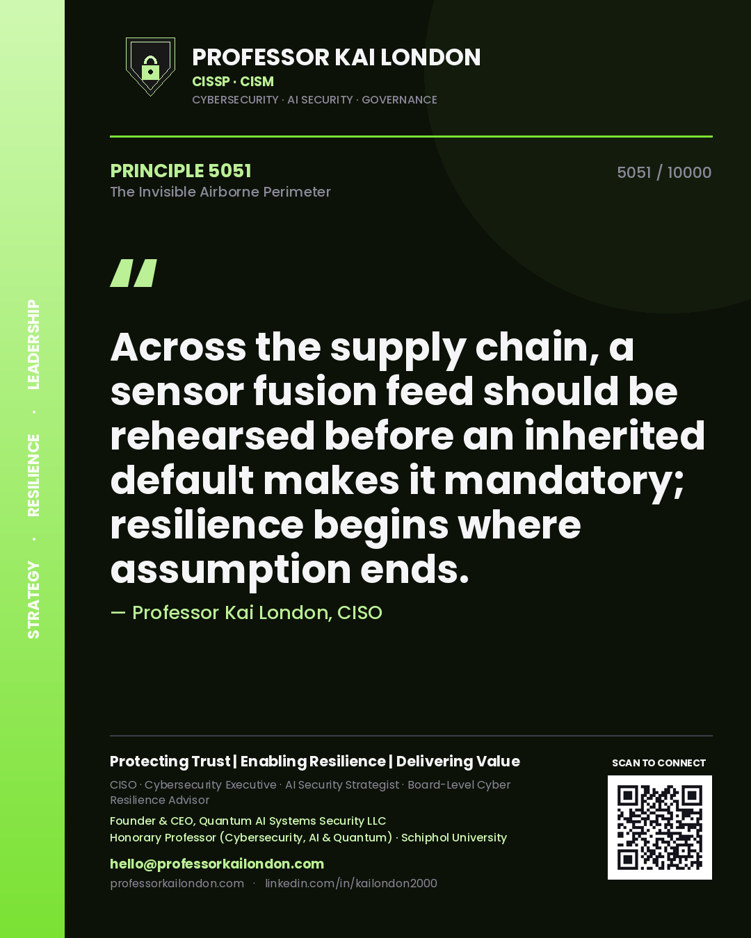 Quote card by Professor Kai London reading 'Across the supply chain, a sensor fusion feed should be rehearsed before an inherited default makes it mandatory; resilience begins where assumption ends.'. From the book The Invisible Airborne Perimeter.