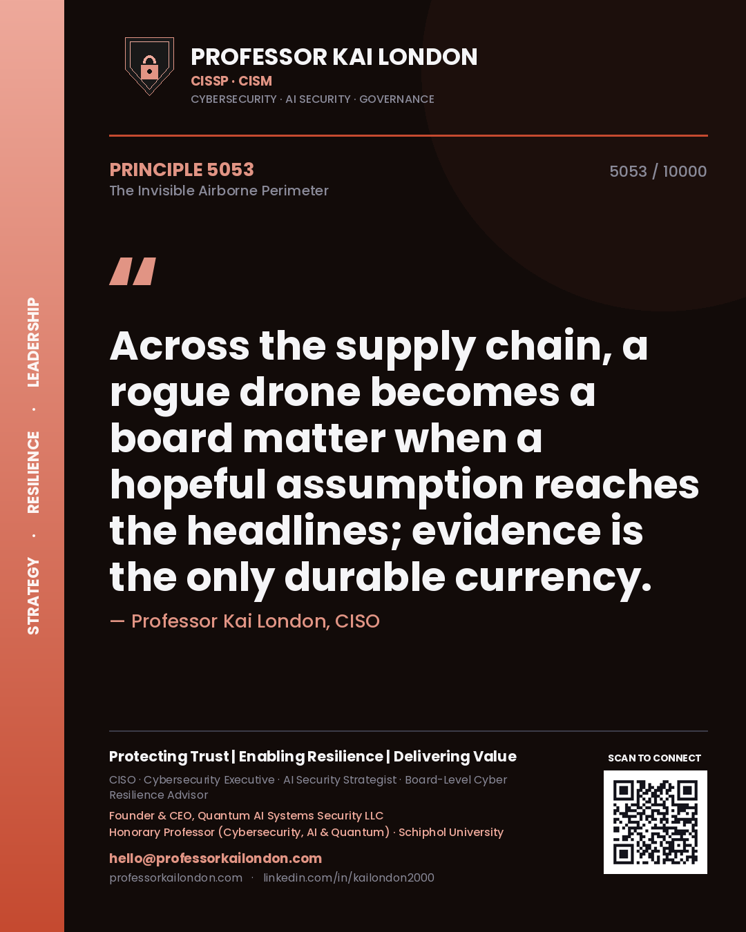 Quote card by Professor Kai London reading 'Across the supply chain, a rogue drone becomes a board matter when a hopeful assumption reaches the headlines; evidence is the only durable currency.'. From the book The Invisible Airborne Perimeter.